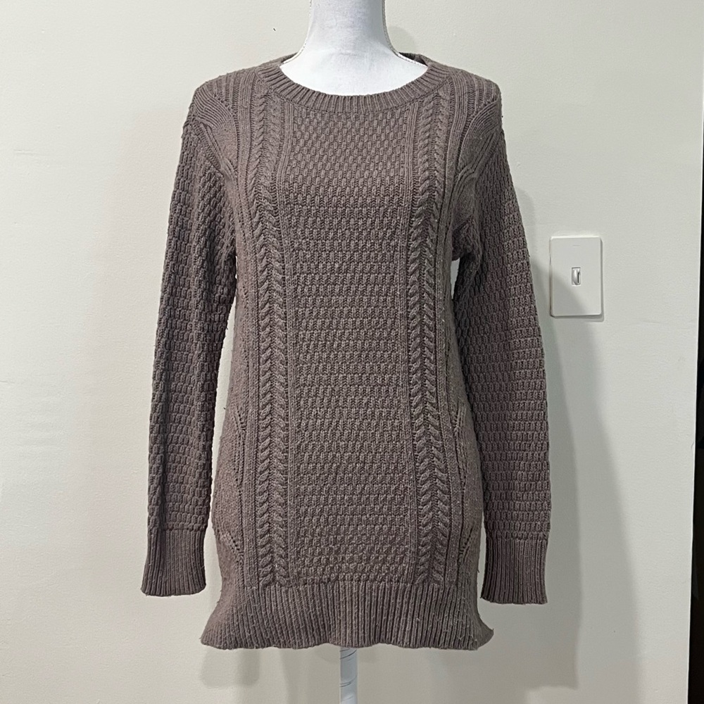 GAP Taupe Brown Mushroom Cable Knit Tunic Style Wool Blend Fisherman Sweater XS